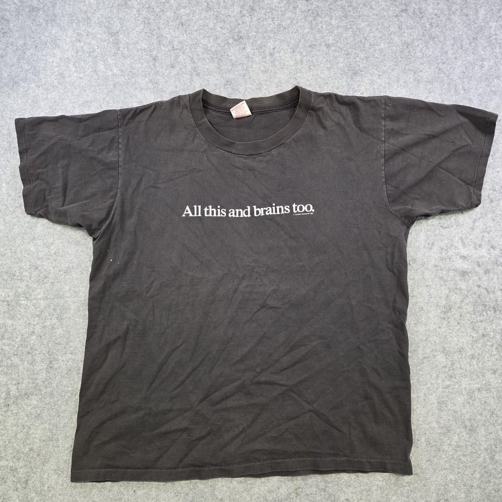 Vintage Argo Sport Shirt Mens XL Black All This And Brains‎ Too Funny Quote Tee - Picture 3 of 12